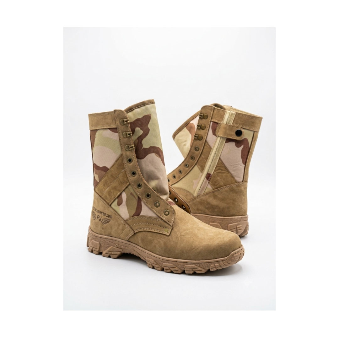 cezar-border-guard-khaki-boots-full-view-natural-leather پوتین سزار مرزبانی خاکی با رویه چرم طبیعی مقاوم و زیره رابر طبی سبک، مناسب مأموریت مرزی، طبیعتگردی و استفاده روزمره